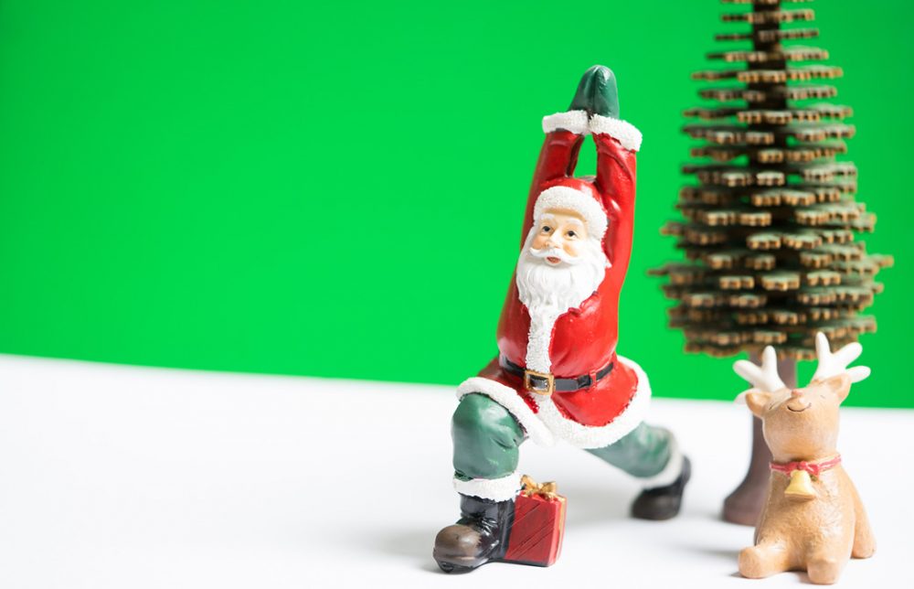 戦士のポーズ1番をしているサンタの置物とトナカイの置物