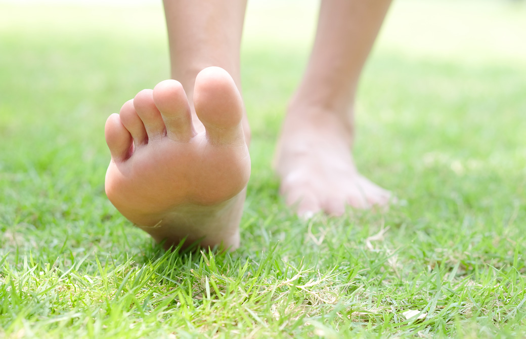 芝生の上で裸足の女性の足と足裏