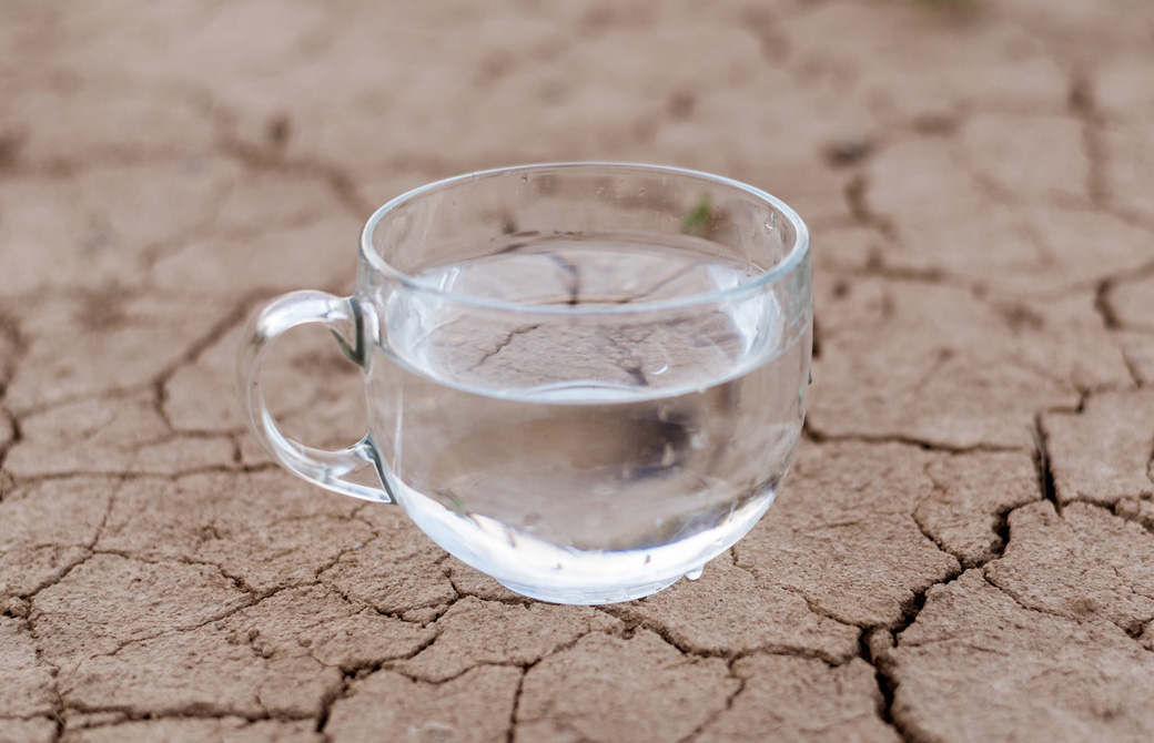 乾燥でひび割れた大地の上の水の入ったカップ