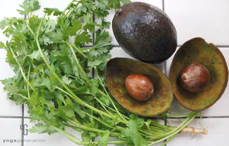 パクチーとくり抜いた後のアボカド