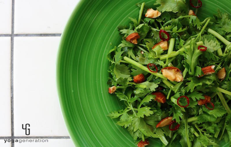 パクチーを乗せた緑色の皿