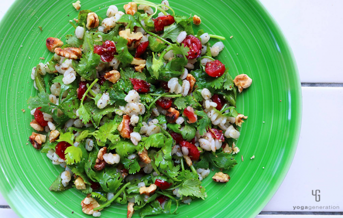 緑の皿に乗った押し麦とクランベリーのハーブ・サラダ﻿