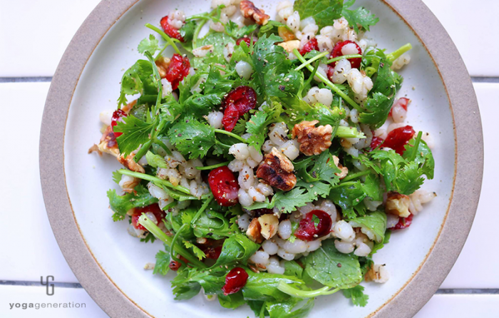 白い皿に乗った押し麦とクランベリーのハーブ・サラダ﻿