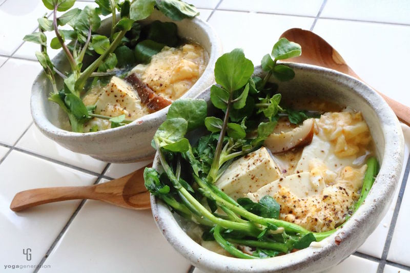 クレソンとお豆腐のふんわりたまごスープ