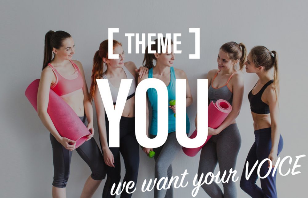 ヨガマットを持った女性5人が話をしている写真の上に[THEME]YOUと文字を記載した画像
