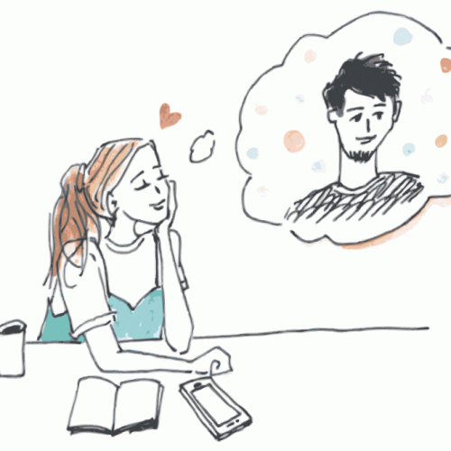 女性が好きな人を想ってのんびりコーヒーを飲んでいるイラスト