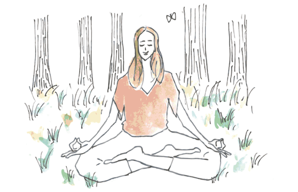 女性が森のこかげで瞑想しているイラスト