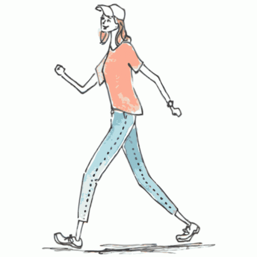 キャップをかぶった女性が歩いているイラスト