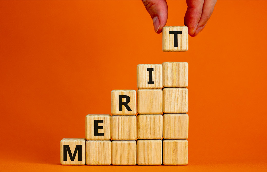 オレンジの背景に気のサイコロで、MERITという文字がつみあがっている