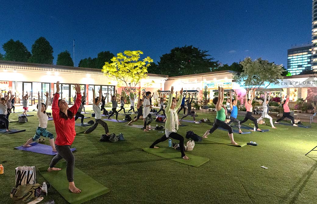 月夜の下でヨガを楽しむ皆さん