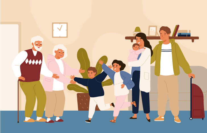 子どもたちが祖父母に走っていく様子