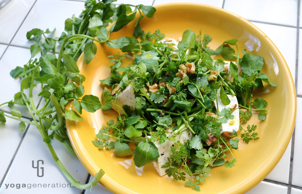 黄色の皿に盛りつけたガーリック・レモンドレッシングでクレソンとお豆腐のサラダ