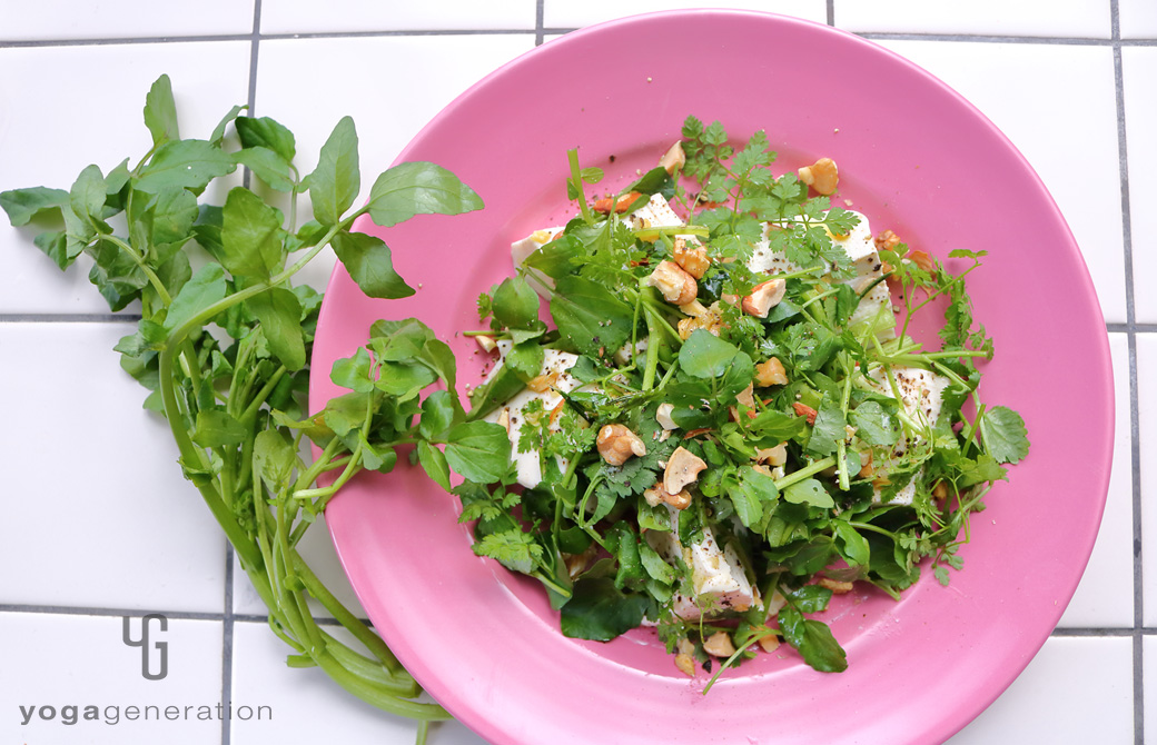 ピンクの皿に盛りつけたガーリック・レモンドレッシングでクレソンとお豆腐のサラダ