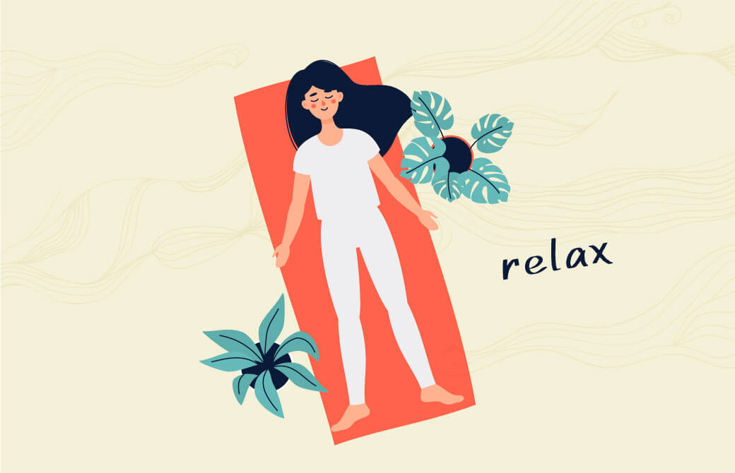 ヨガマットの上で女性がリラックスしているイラスト