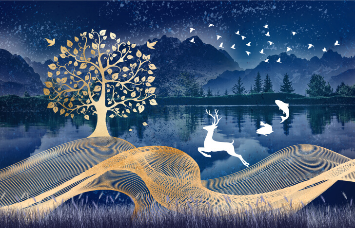 大自然の中で暮らす神のような動物たちのイラスト