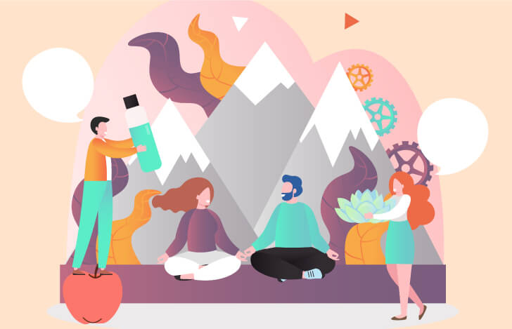 ヨガの先生と周りで語る人