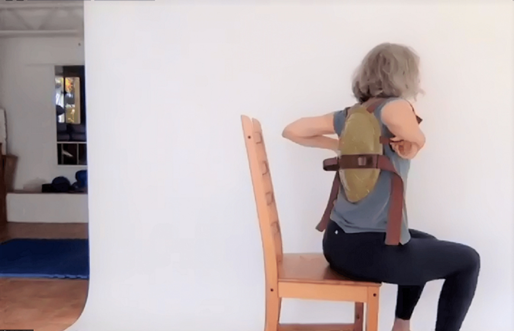 いすに座り、かめの甲羅を背負うマリア