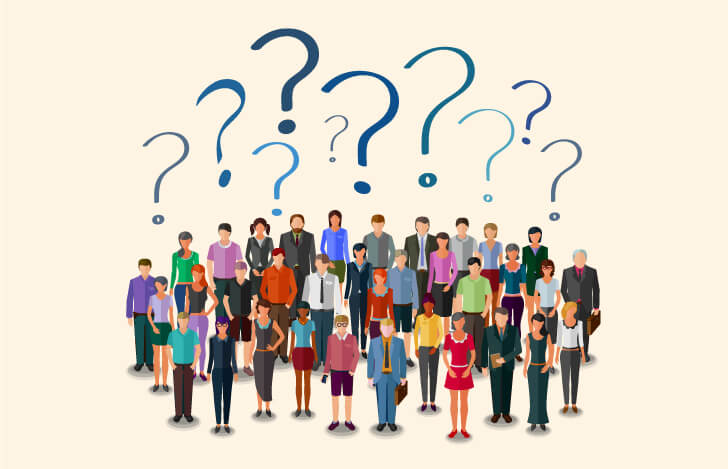 人々とその頭上に浮かぶクエスチョンマーク