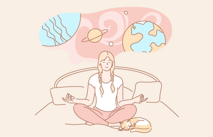 ベッドの上で空想する女性