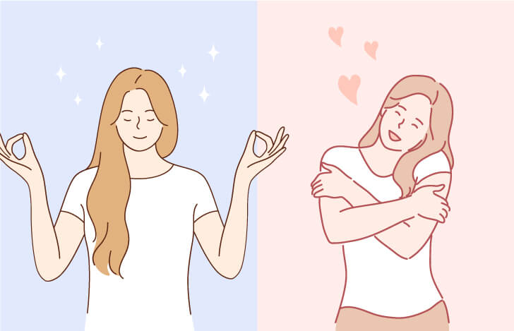 瞑想する女性と自分を愛おしく感じる女性の姿
