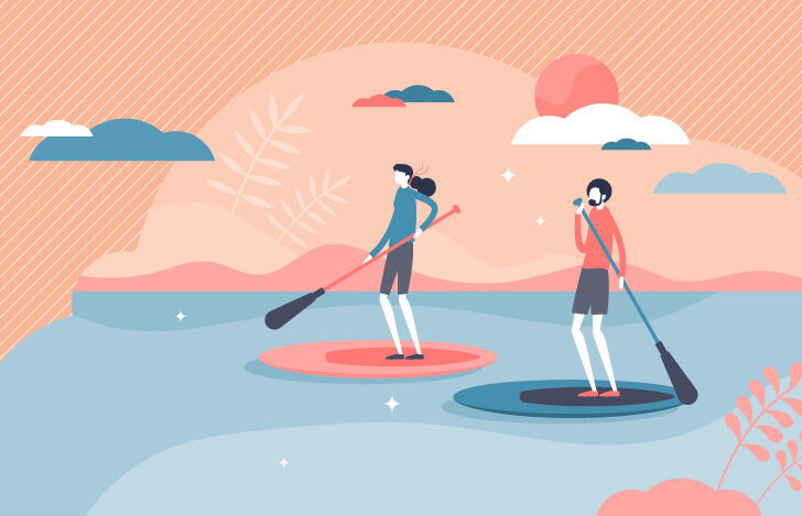 ボードに乗って川を漂いながれる2人