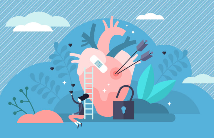 傷ついた心臓に寄りかかる女性のイメージ