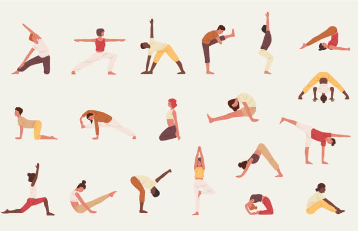 さまざまなヨガのポーズをとる人々