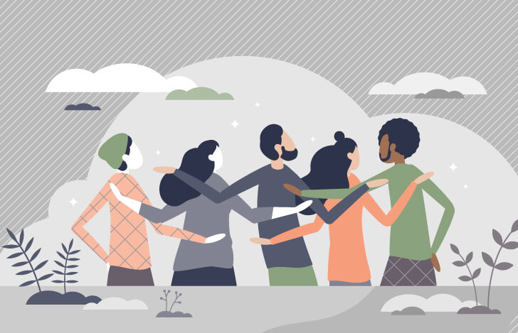 仲間と肩を組む人々