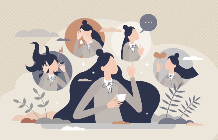 4つの感情について考える女性のイラスト