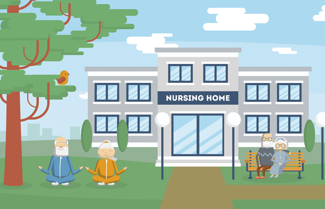 介護施設でベンチに座る老夫婦とヨガをする老夫婦のイラスト