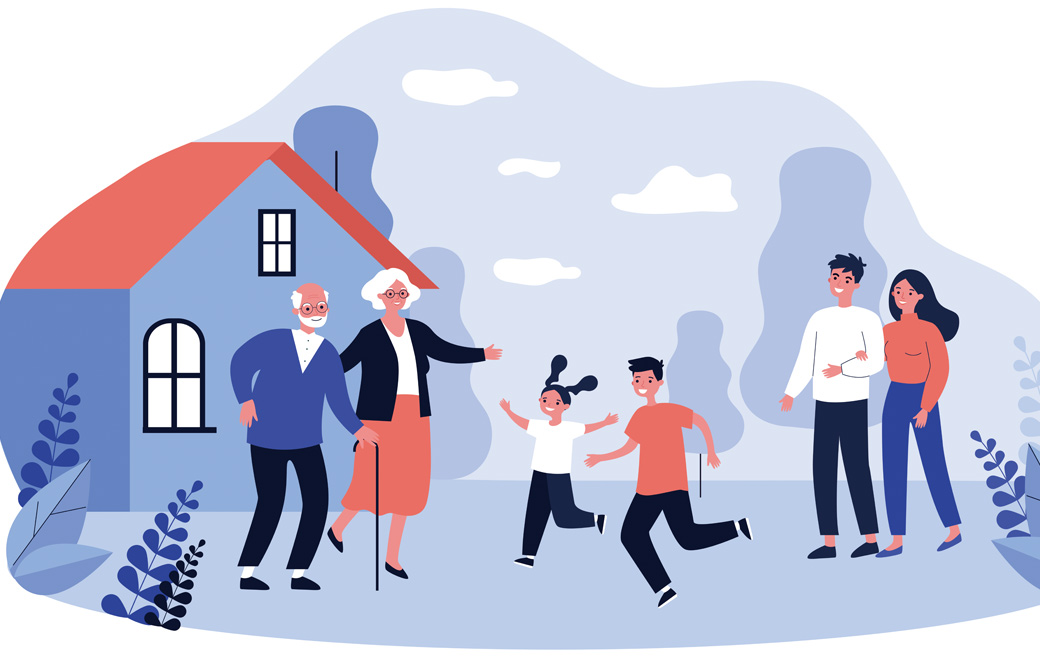 老夫婦と若い夫婦とはしゃぐ二人の子ども