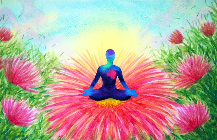 赤い花の上に座る人の青いシルエット