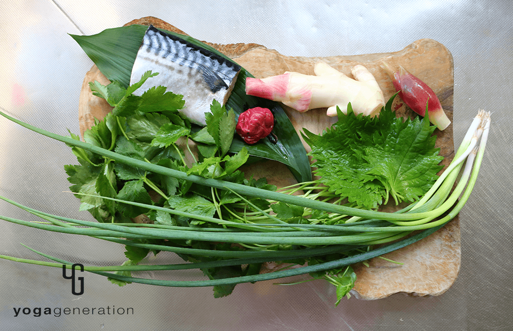 材料の塩サバ、梅干し、ショウガなど