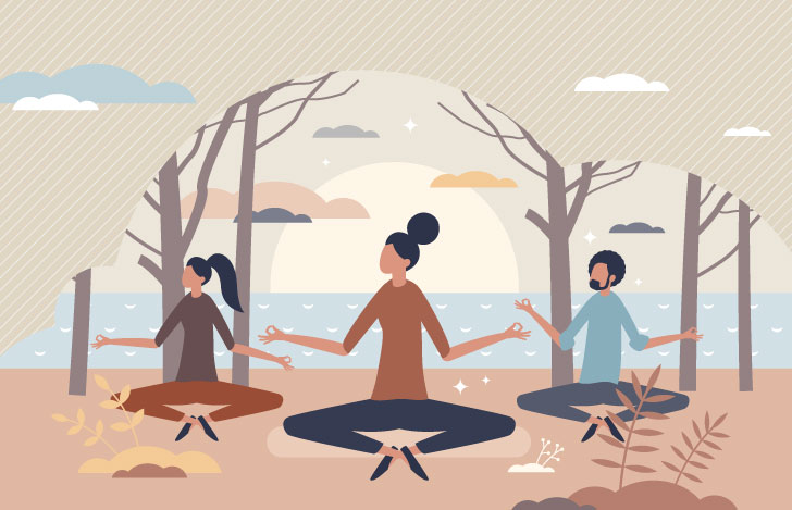 自然の中で穏やかにヨガをする人々