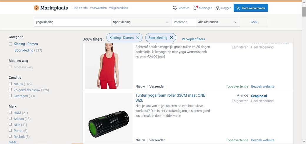 Marktplaatsでヨガウェアを検索した画面