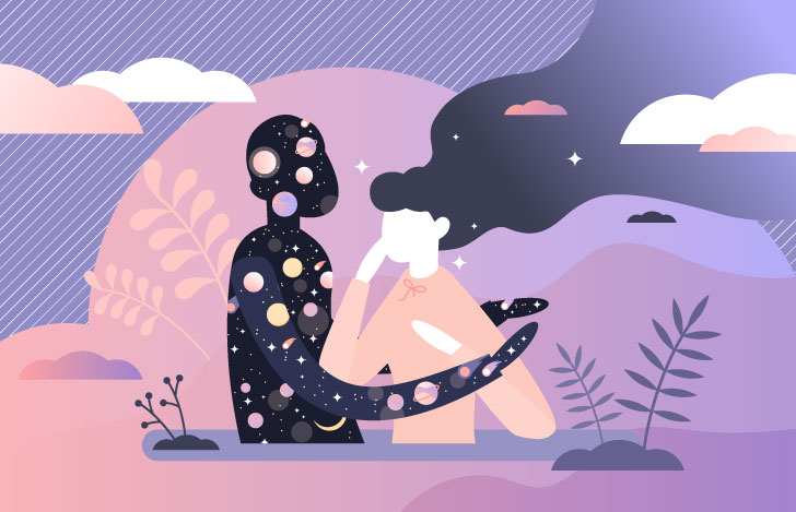 宇宙を連想させる人のシルエットが隣の人を抱くように両手で包み込む様子