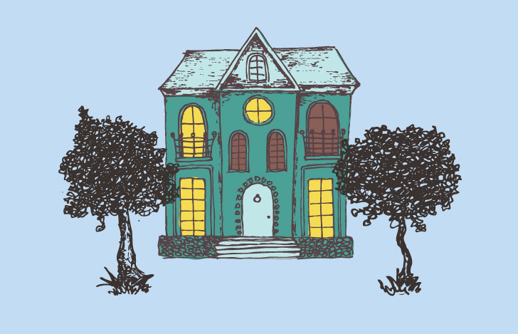 二階建ての家とその前に立つ2本の木