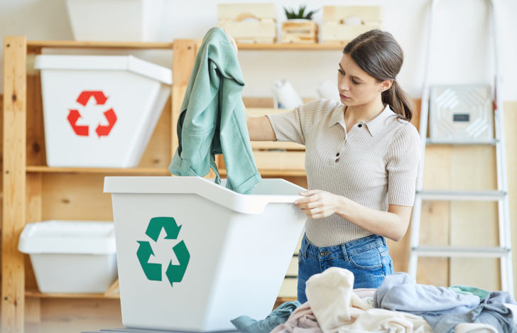 リサイクルボックスに洋服を分別して入れる女性