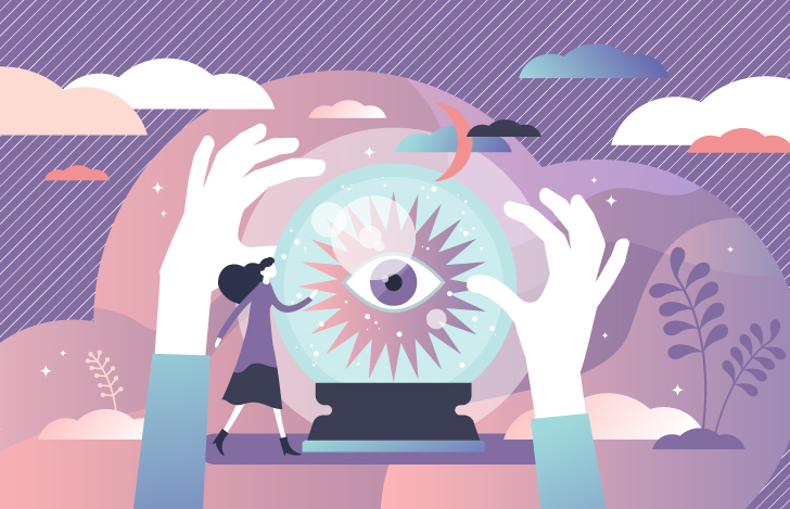 目のオブジェを触ろうとする女性と大きな手