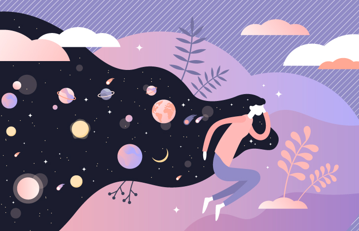 横たわる女性の髪にクロスオーバーする宇宙のイメージ