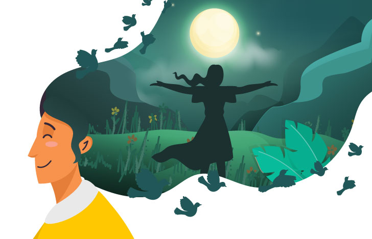 頭の中で羽ばたくイメージを思い描く女性のイラスト