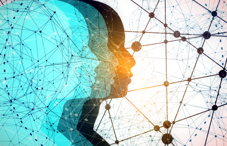 人の横顔のシルエットと幾何学的な模様のダブルイメージ