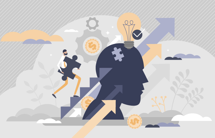 人の頭部のシルエットと階段を駆け上がる男性のイラスト