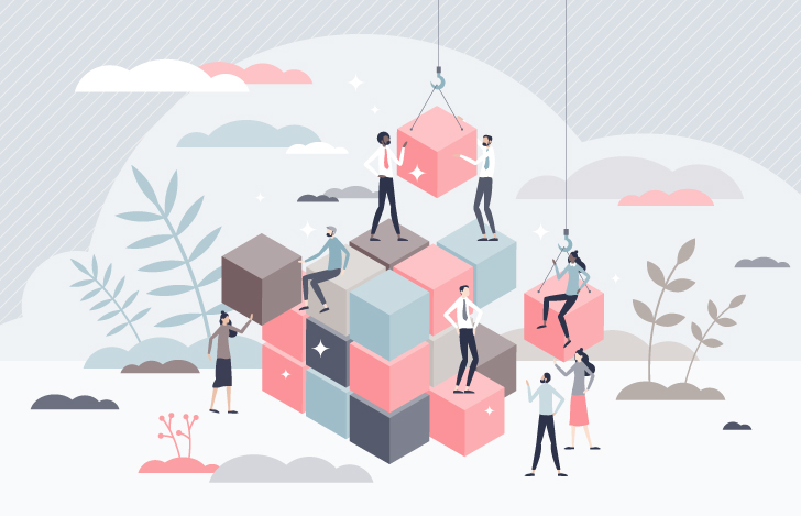 大きな立方体のブロックを協力して山積みにする人々の図