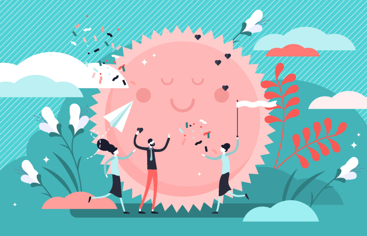 ポシティブに明るく陽気に楽しむ人々のイラスト