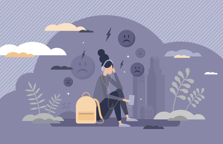 ネガティブな感情から逃げようとする女性のイラスト