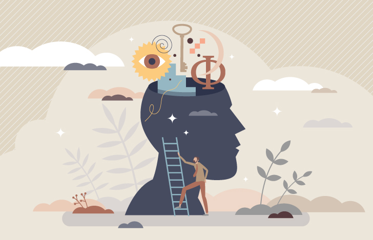 人の横顔のシルエットを梯子をかけて登ろうとする男性のイラスト