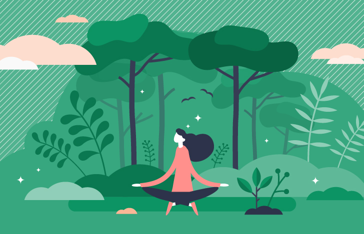 森の中で安楽座で座る女性のイラスト