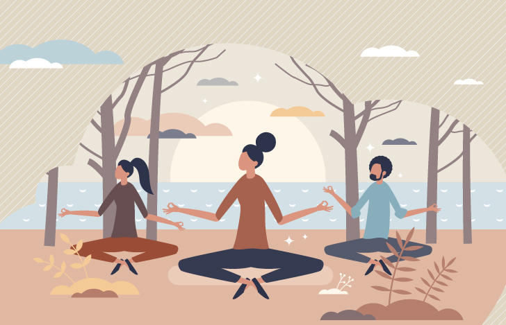 自然の中でヨガをする人々のイラスト