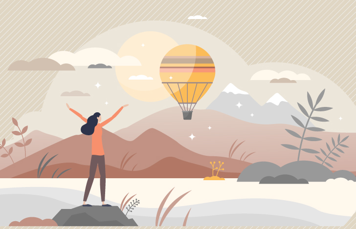 大自然の中で空飛ぶ気球をみながら両手を広げる女性のイラスト